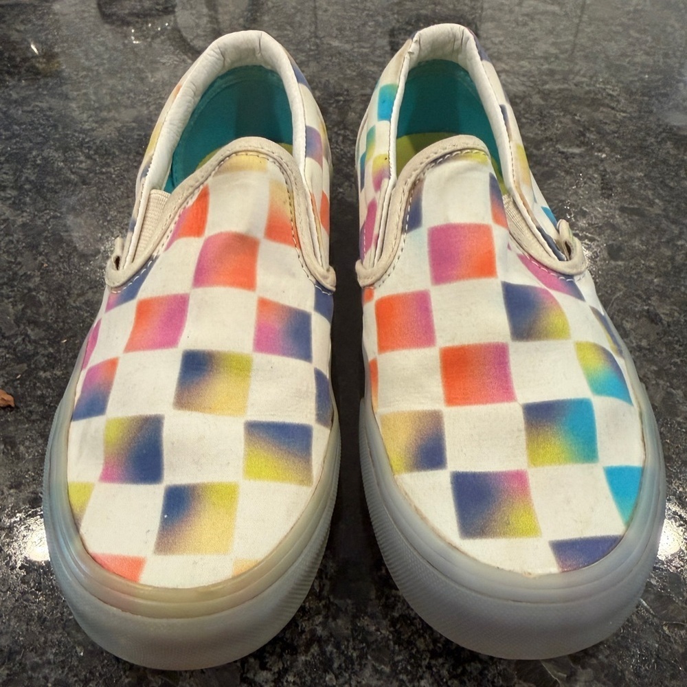 Vans Girls 4.5 Slip-On Checkerboard Rainbow Pastel Canvas Sneakers